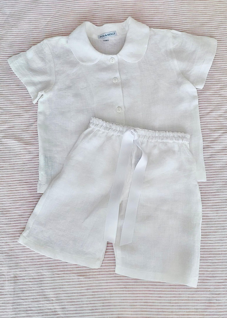 Girls White Linen short sleeve pyjamas