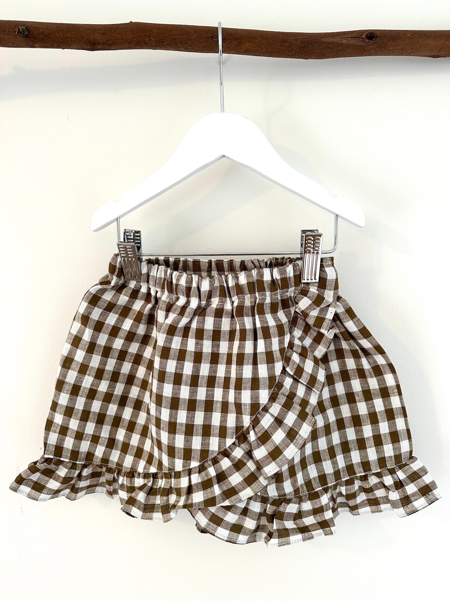 Chloe Ruffle Skirt Olive check linen