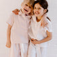 girs linen pyjamas pink and white