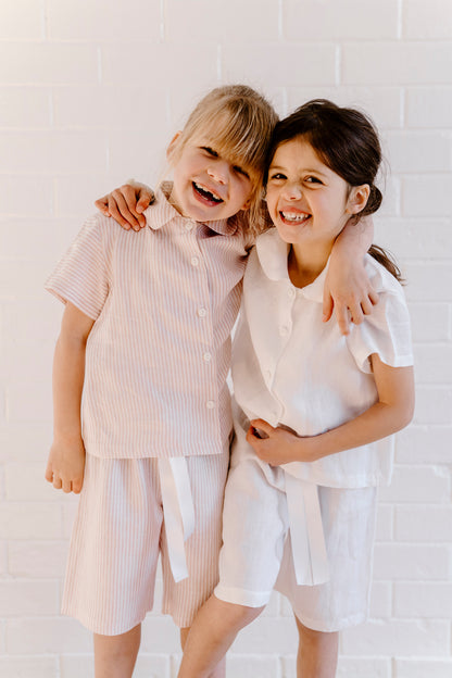 girs linen pyjamas pink and white