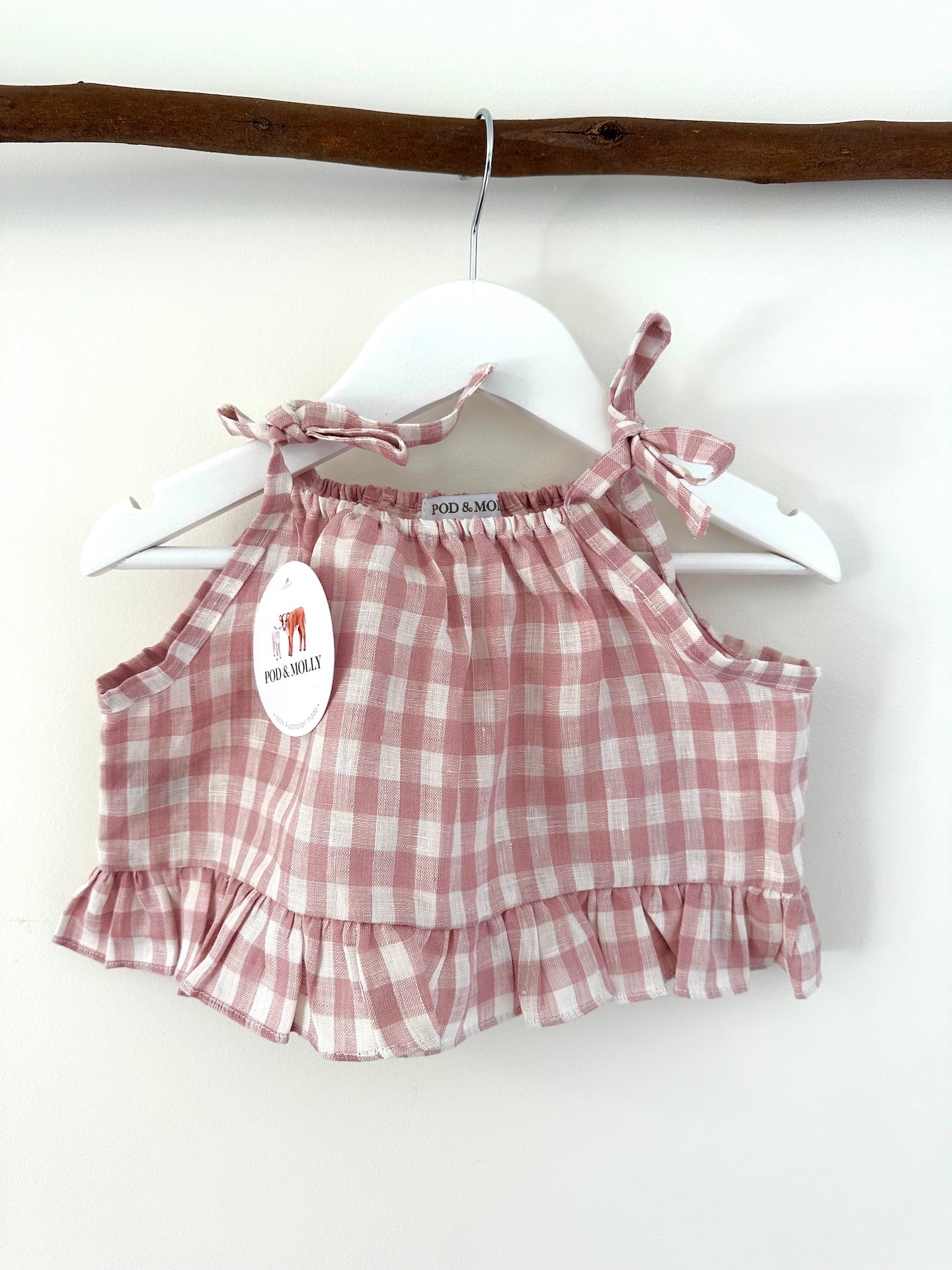 Milla Linen baby top Pink check