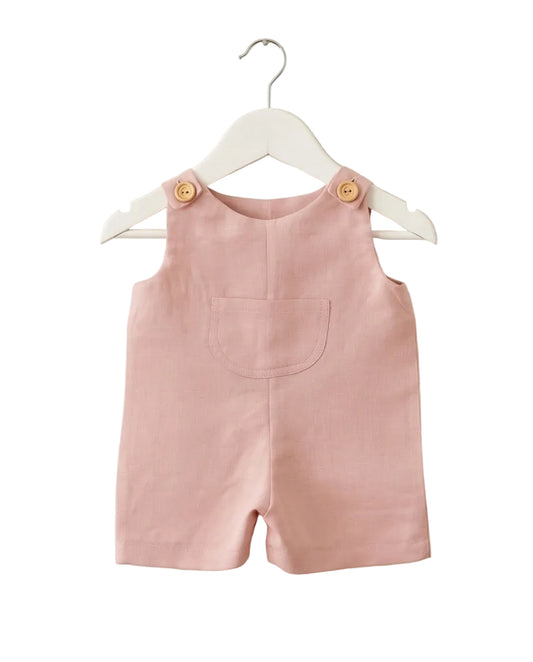 Pink Linen Romper on hanger