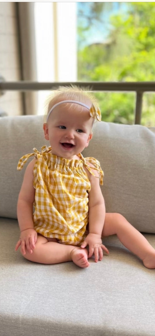 Poppy in Milla Playsuit yellow check