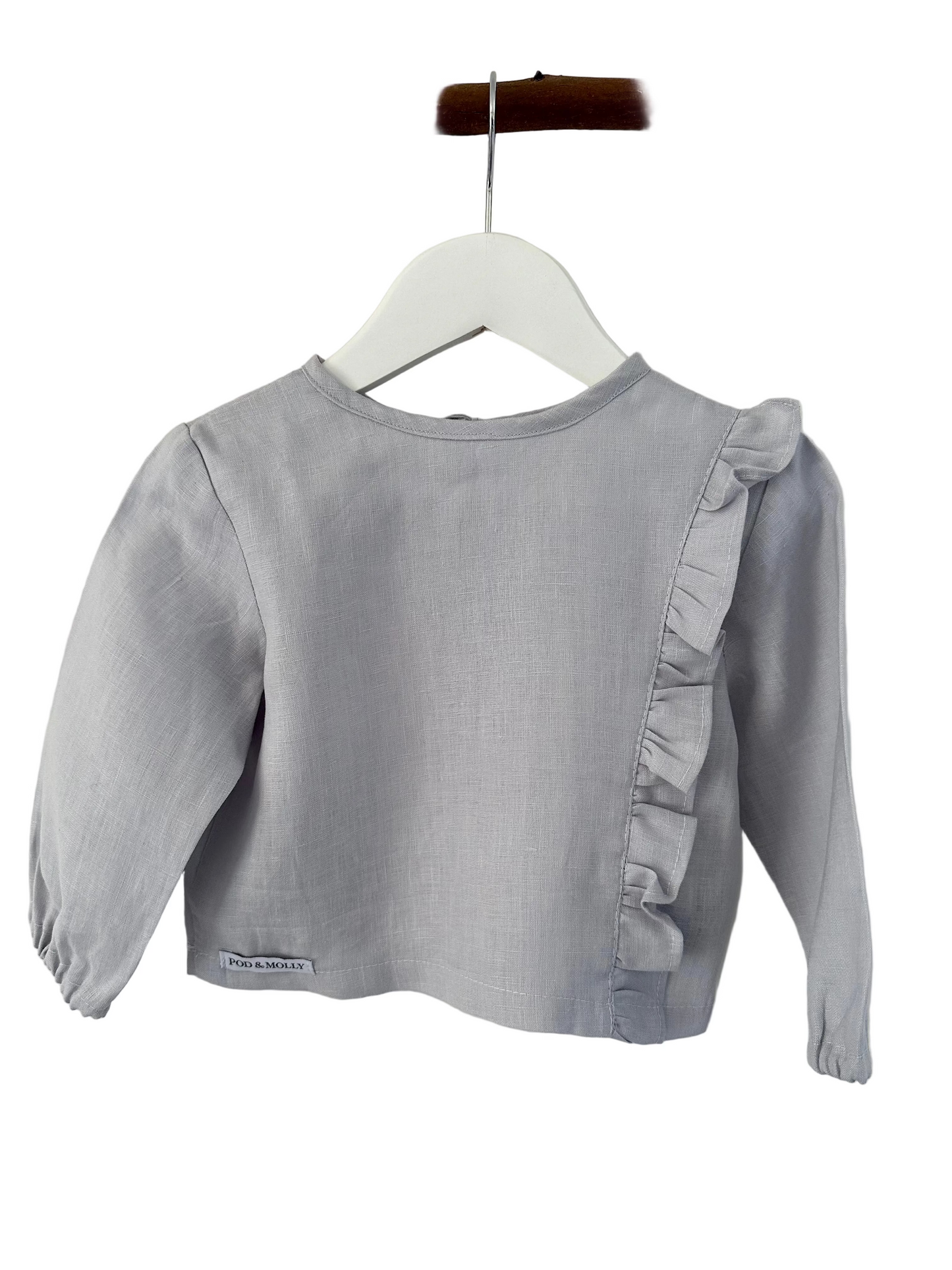 Bella ruffle girls linenb top blue front