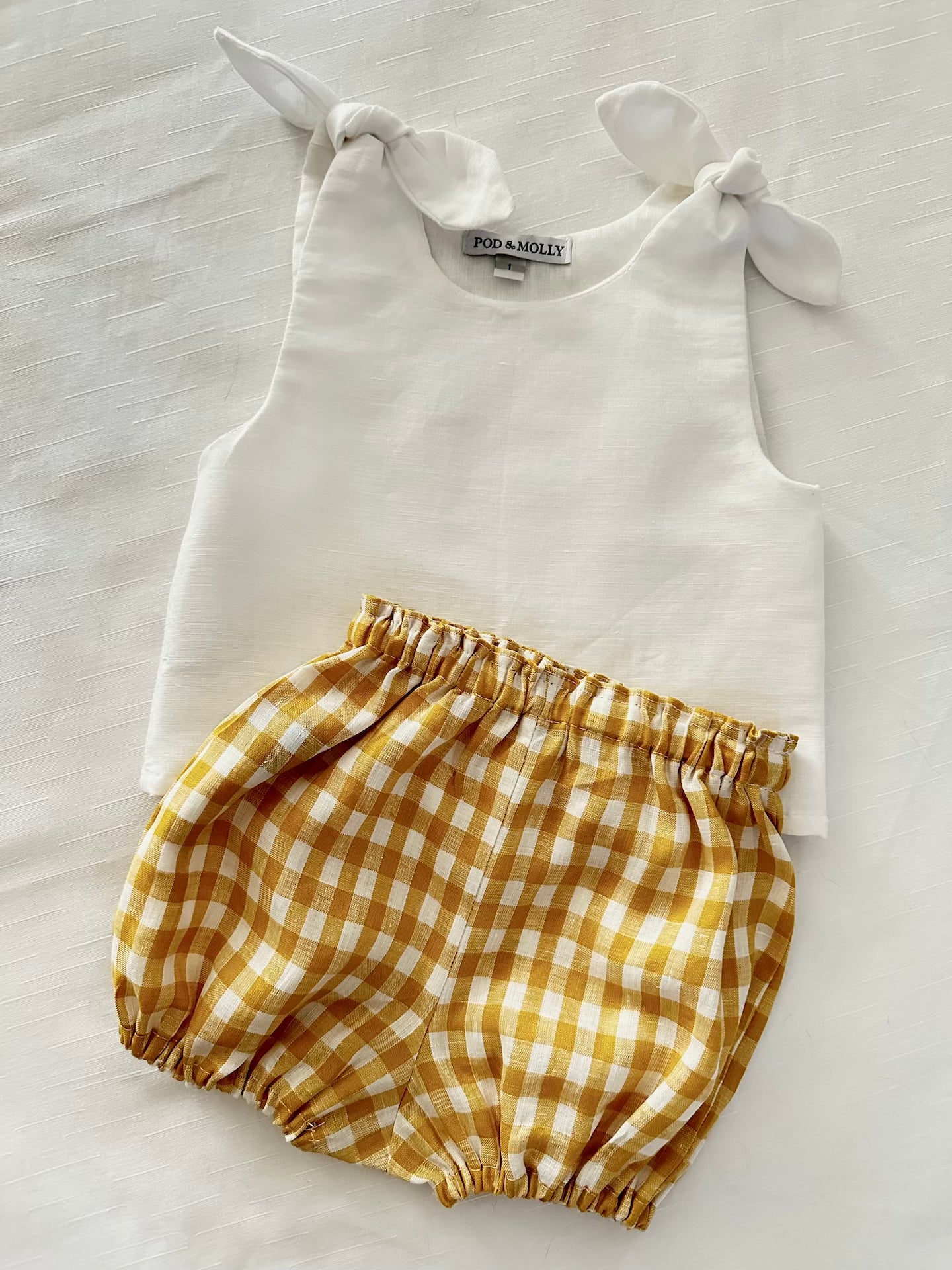 White Grace top and Yellow gingham pants