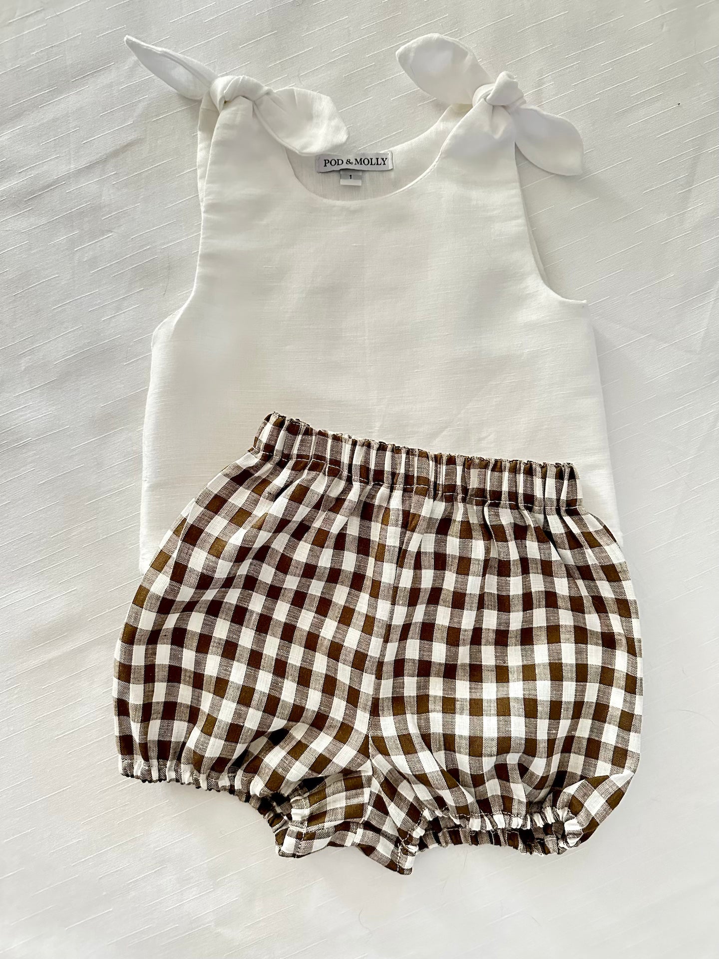 White Grace top and Navy gingham pants